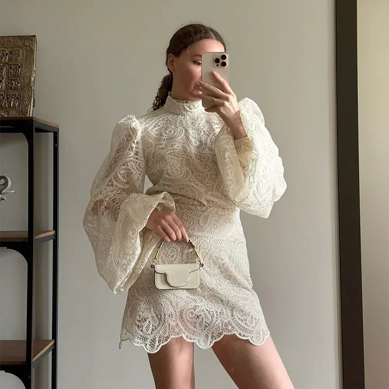 2026 New Women's Long Sleeve Design Fashion Openwork Lace Miniskirt Elegant Temperament Autumn Party Banquet Evening Dress