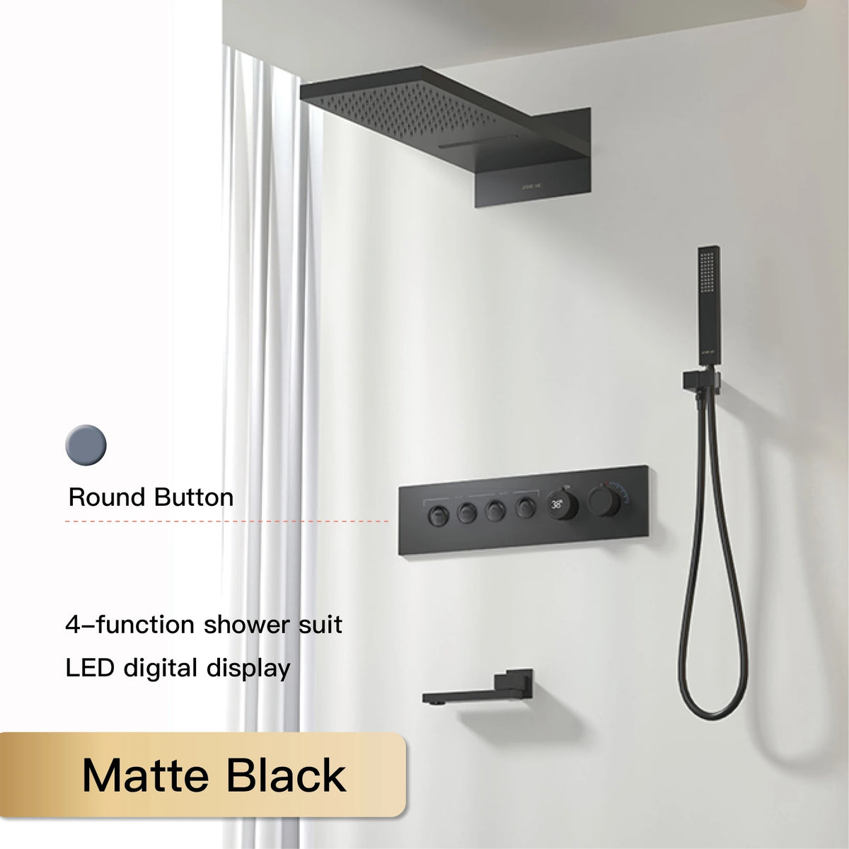 Luxury Black Brass Shower System, Wall Mounted Led Digital Display, Cold Hot Dual Control, Four Function Ceiling Shower Tap