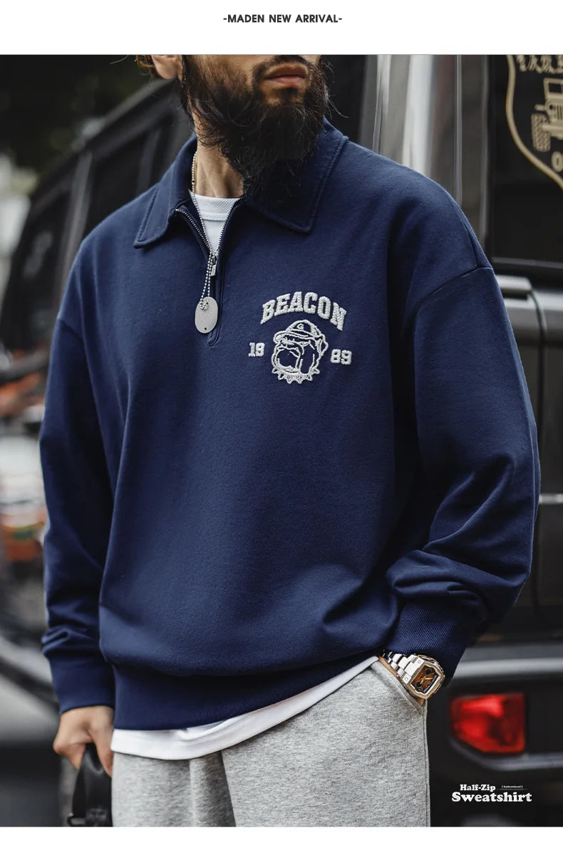Maden Vintage Men's Long Sleeve Embroidered Sweatshirt with Letters Half-open Front Casual Hoodie Turned-up Collar for Spring
