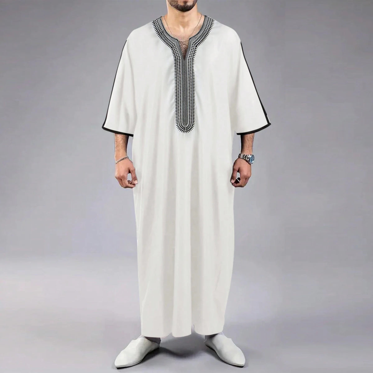 Arab Muslim Men's Robe  Ethnic Style Embroidered Moroccan Style Casual Traditional Islamic Thobe Long Dress Prayer Gown