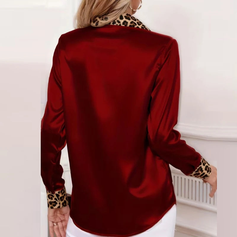 Fashion Women Long Sleeve Silk Shirt Black Turn Down Collar Button Blouse Women Office Tops Mesh See Through Sleeve Satin Shirt