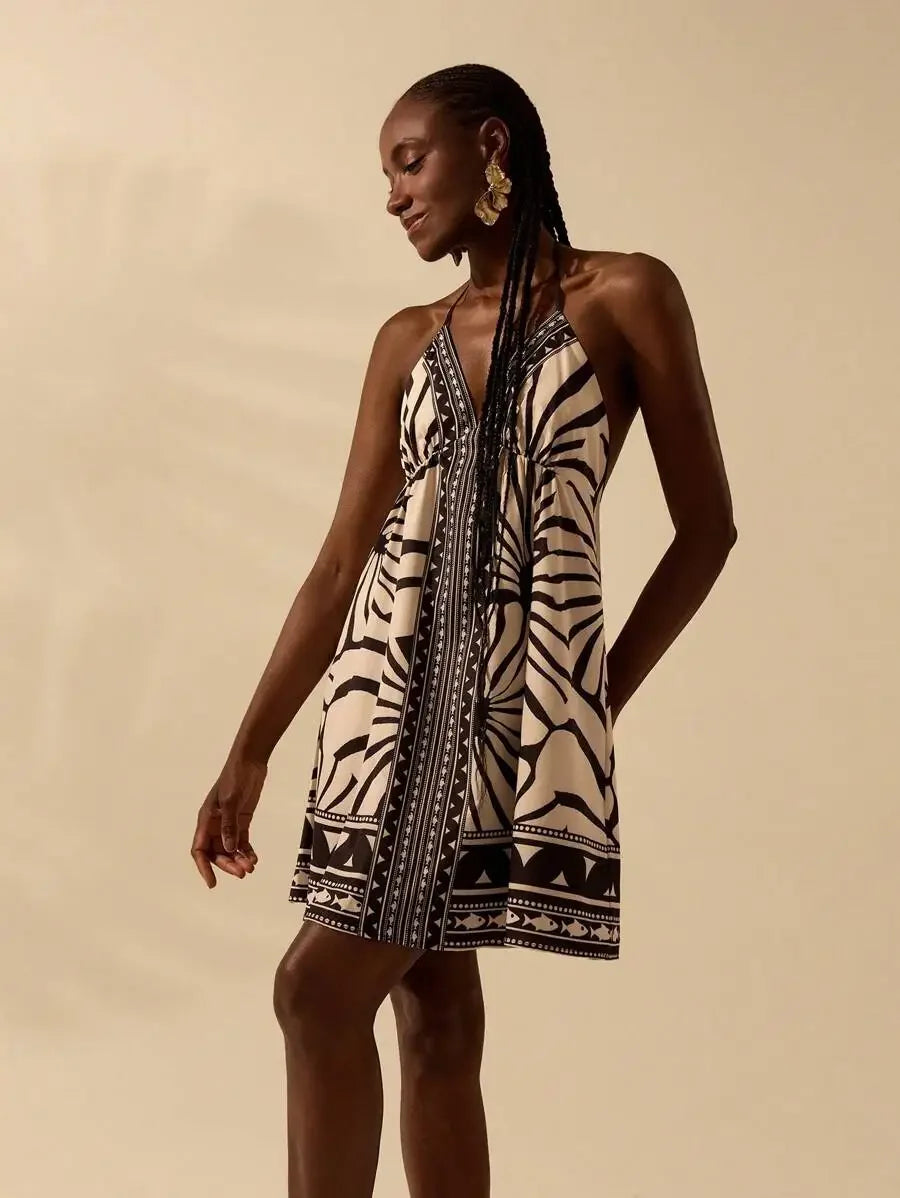 Womens Boho Tropical Black & Beige Print V-Neck Sleeveless Backless Mini Dress Beach Vacation Casual Summer Sundress