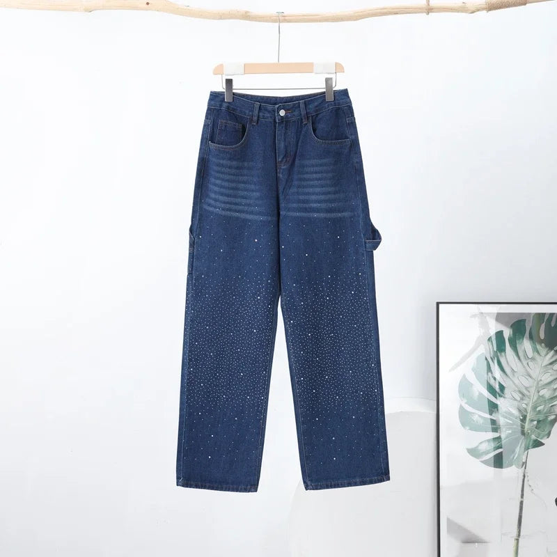 Shiny Rhinestone Baggy Women's Wide Leg Jeans Full Diamond Wide Leg Dragging Denim Pants Vintage Washed Pants Casual Trousers