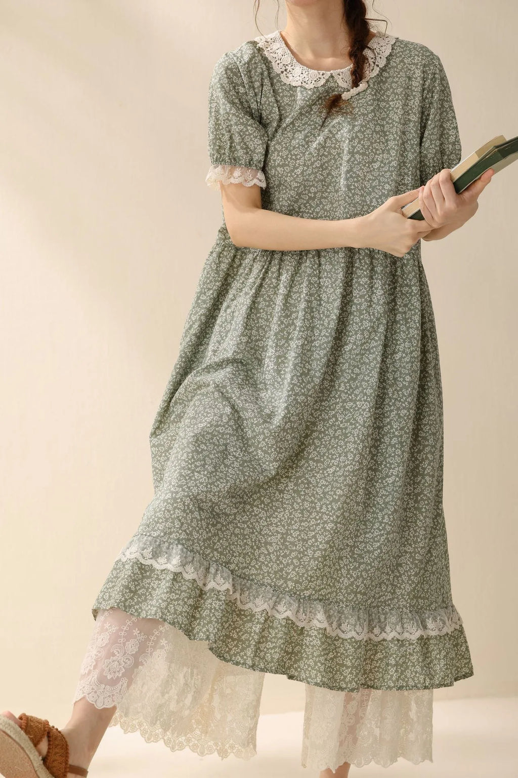 Vintage Ruffled Cotton Linen Flower Dress Women's New Summer Peter Pan Collar Short Sleeve Loose Boho Dress Casual Midi Vestidos