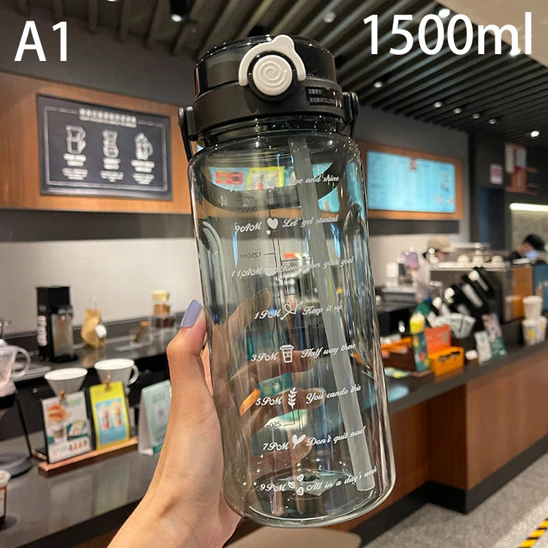 1.5/2Liter Sport Straw Water Bottle With Time Scale Plastic Summer Cold Juice Water Cup Large Capacity Portable Travel Bottles