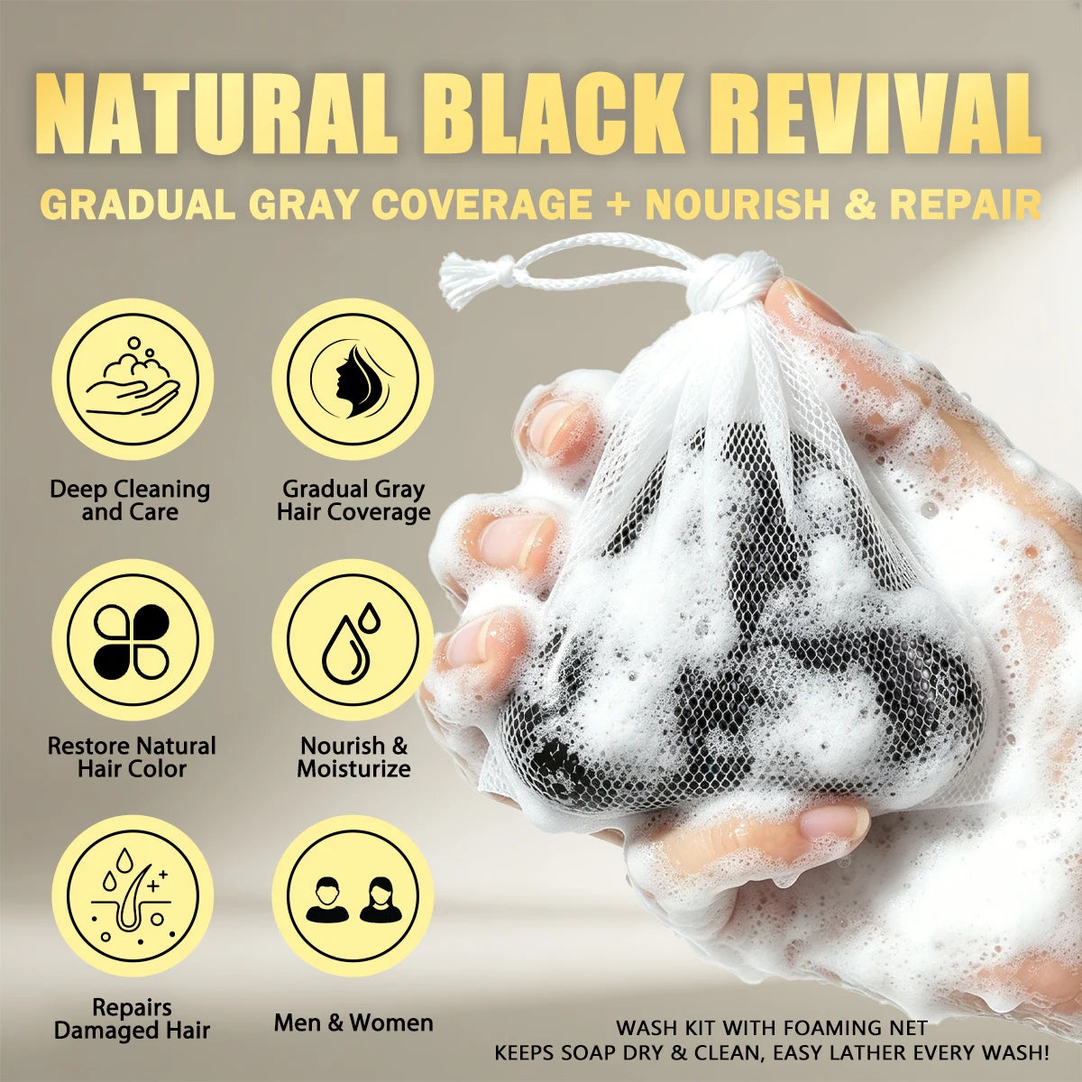 WOZUTUNT Natural Black Shampoo Soap Ganoderma Polygonum Multiflorum Nourishing Gradually Repairing Gray Hair Herbal Hair Bar Kit