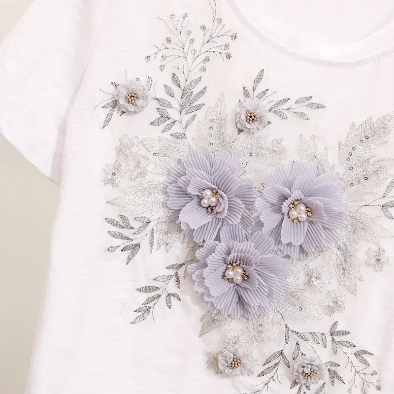 Two-Piece Suit 2025 Summer New Women Denim Pants Beading Embroidery Tshirt Tops+ High Waist Hole Jeans Female Casual Outfits