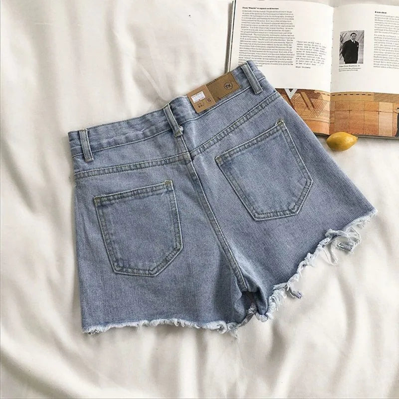 Women High Waist Ripped Denim Shorts Korean Y2K Streetwear Tassel Pocket Summer Casual Blue Jeans Pants Fashion Street Trousers