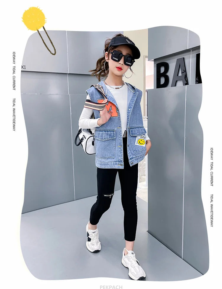 Korean Kids Vintage Hoodies Denim Vest For Girls Casual Streetwear Clothing Teens Child Hooded Denim Waistcoat Jacket Outfits