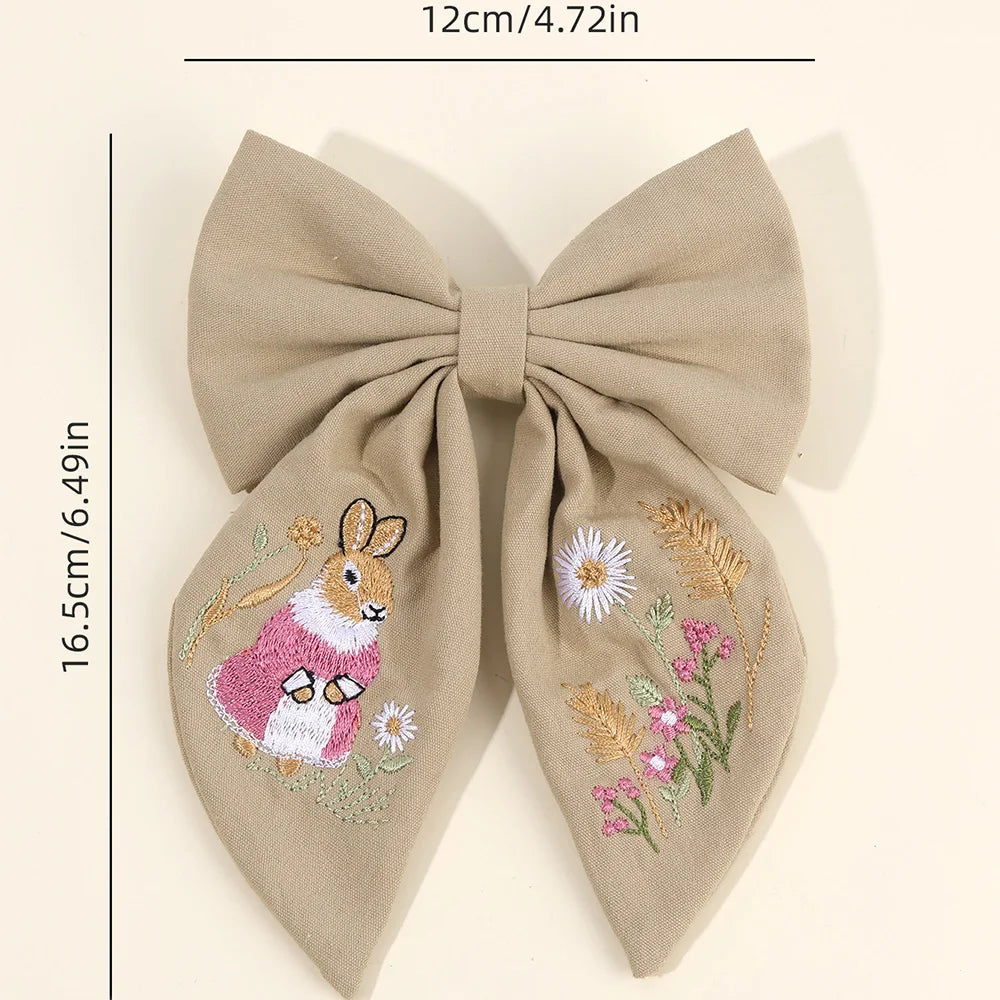 Rabbit Embroidery White Bow Hair Clip Sweet Girls Bunny Bowknot Hairpin Handmade Fabric Kids Cute Headdress Headwear Accessories
