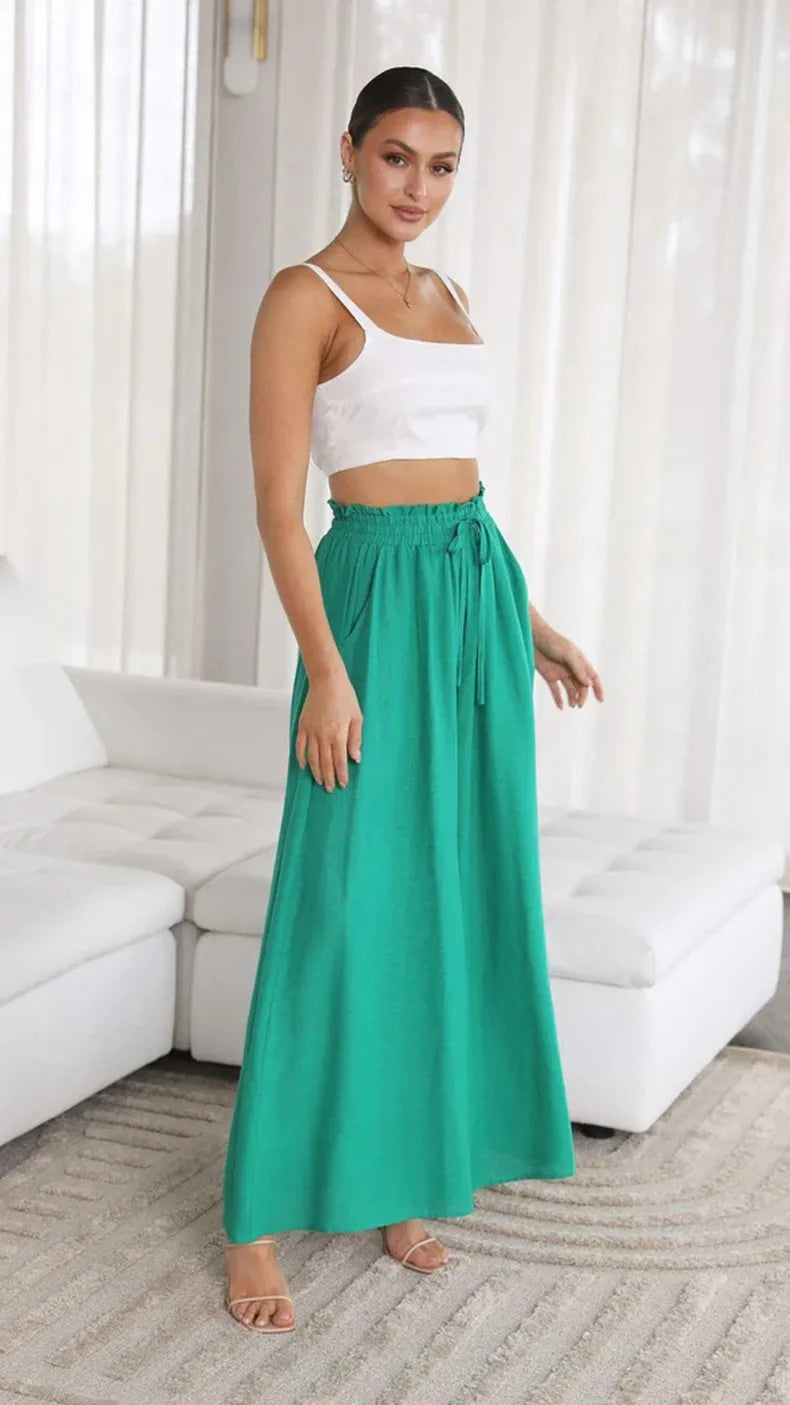 Women's Elastic Long Palazzo Pants Casual Urban Style Tie Detail Polyester Blend Woman Clothes Female Clothing Women's And