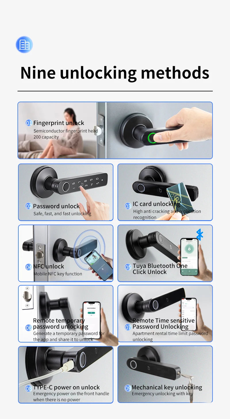 M5 Tuya BLE Fingerprint Door Lock Smart Digital Electronic Lock with Password/Key/IC Card(Optional)/ Smartlife/ Tuya APP Unlock