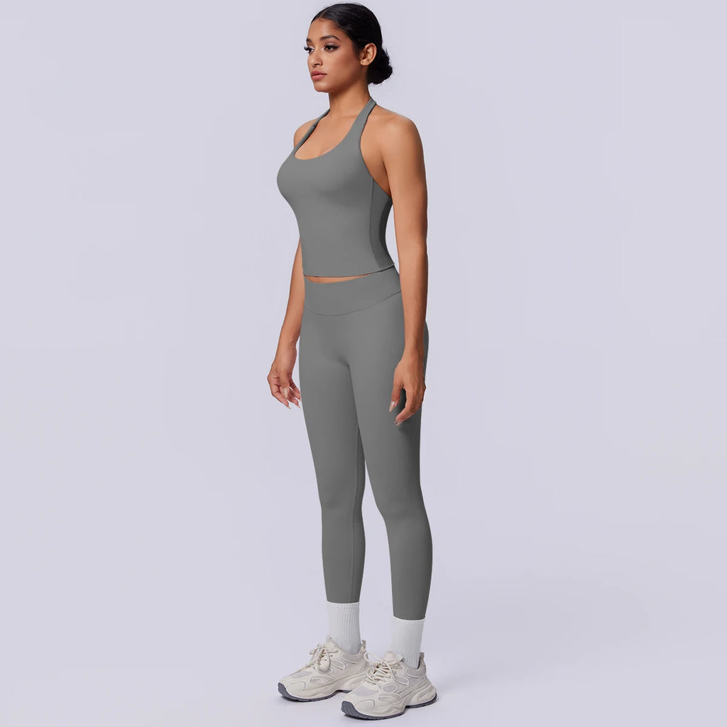 2PCS Woman Yoga Set Solid Color Sexy Fitness Top Summer Gym Workout High Stretch Female Pants Sports Fitness Clothing Yoga Set