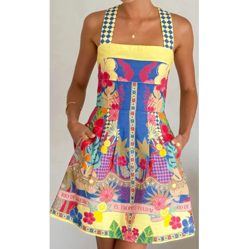Sexy Elegant Tropical Printed Short Dress Women Spaghetti Strap Bodycon Mini Dresses 2026 Summer Dresses Beach Vacation Vestidos