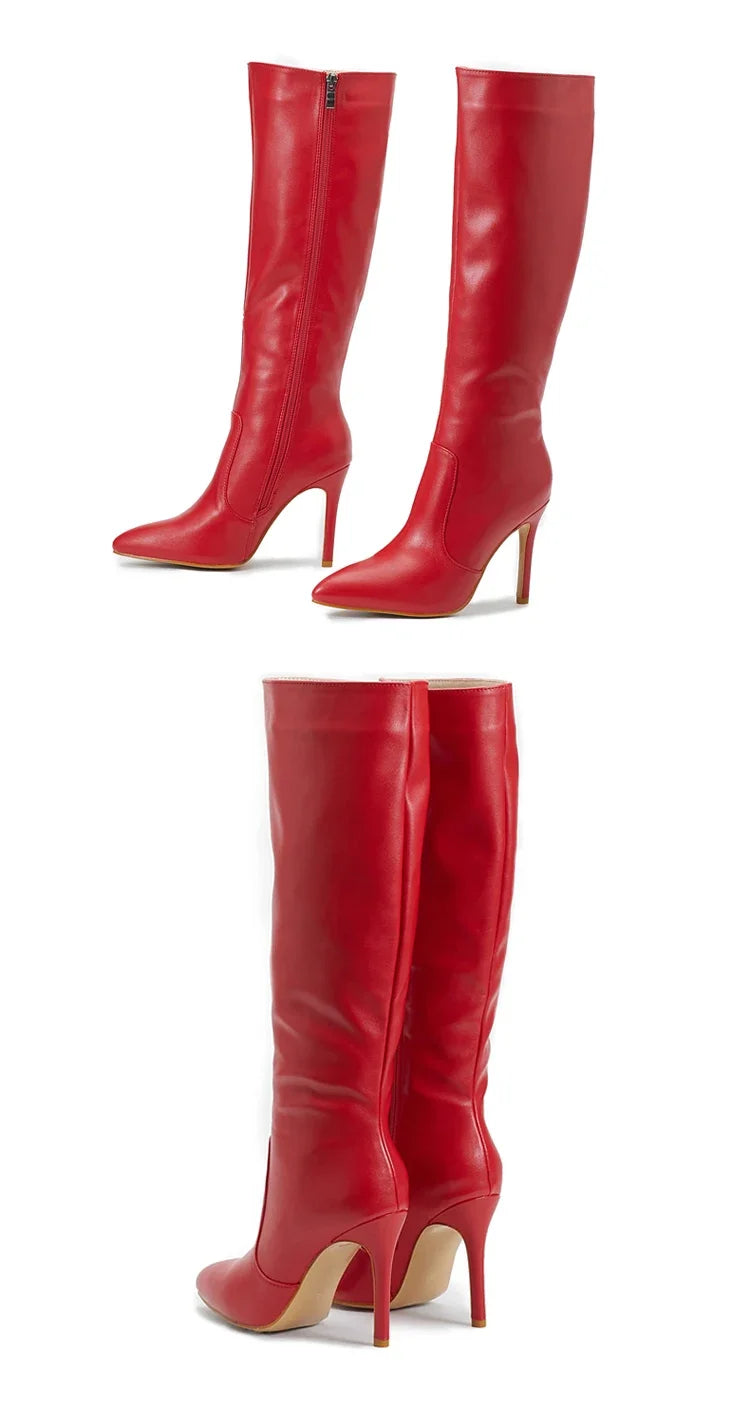 Women's Fashion Elegant Pointed Thin Heel Knee High Long Boots2024 Spring/Autumn PU Panel Side Zipper Boots Western35-42