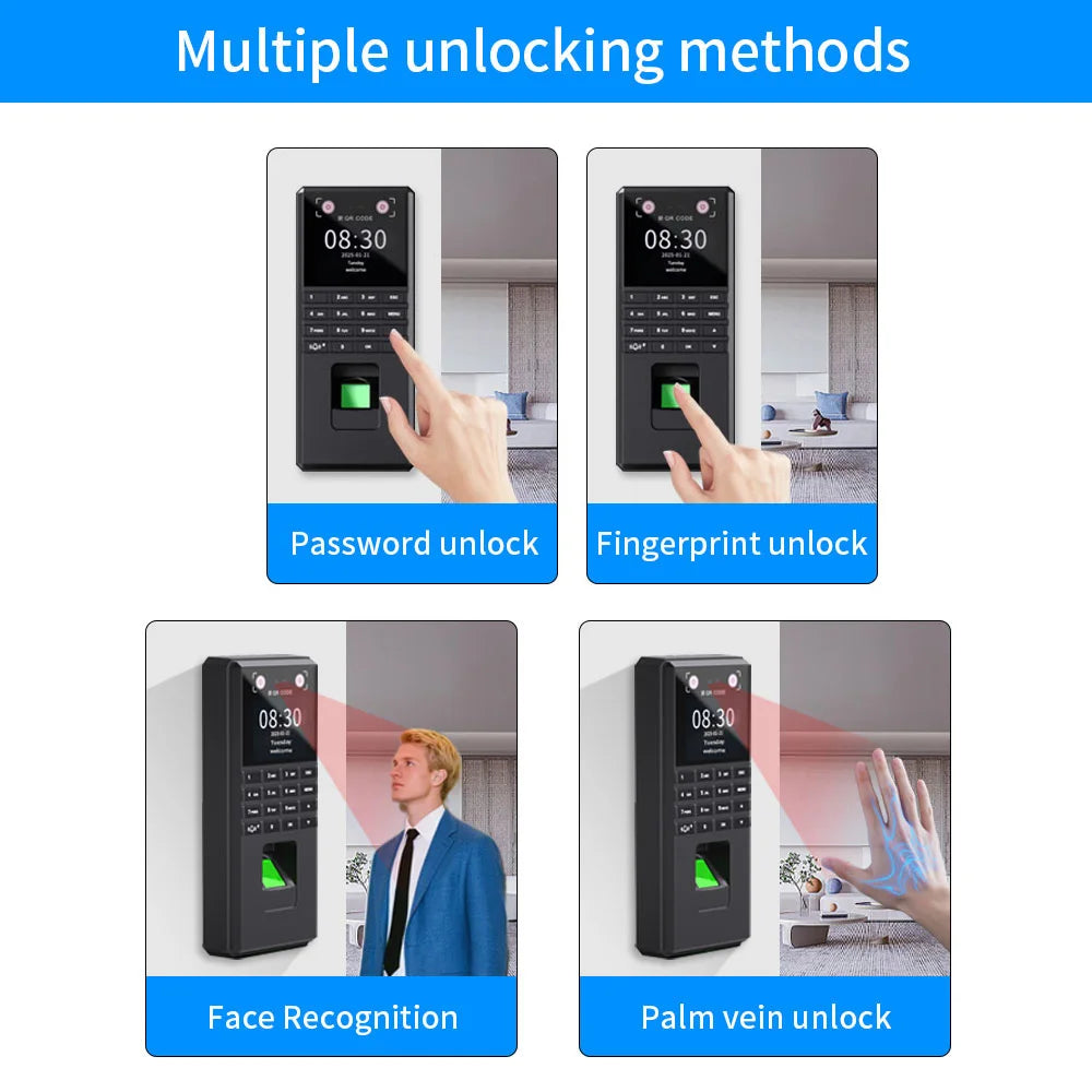 M25 Face Recognition Time Attendance Access Control Fingerprint+Palm Vein+RFID+PIN+Face Unlock Doorbell