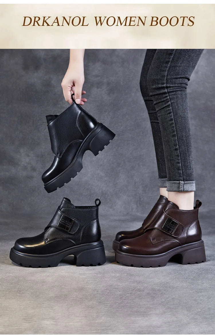 DRKANOL Wide Head Design Women Platform Boots Autumn Winter Warm Thick High Heel Hool And Loop Metal Genuine Leather Ankle Boots