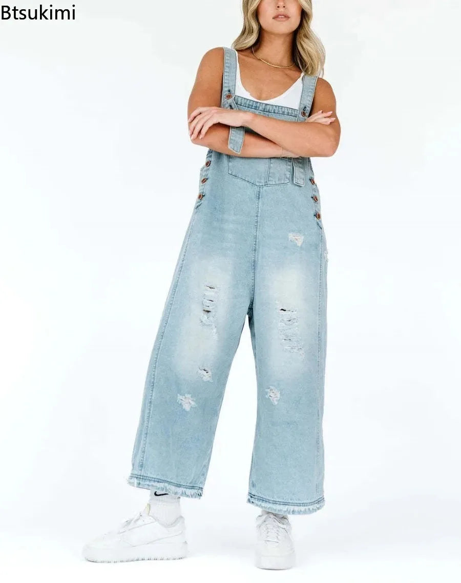 2026 Summer Women's Casual Loose Straps Jeans Vintage Hole Baggy Denim Pants Women Jumpsuit Harem Trousers with Pockets Overalls