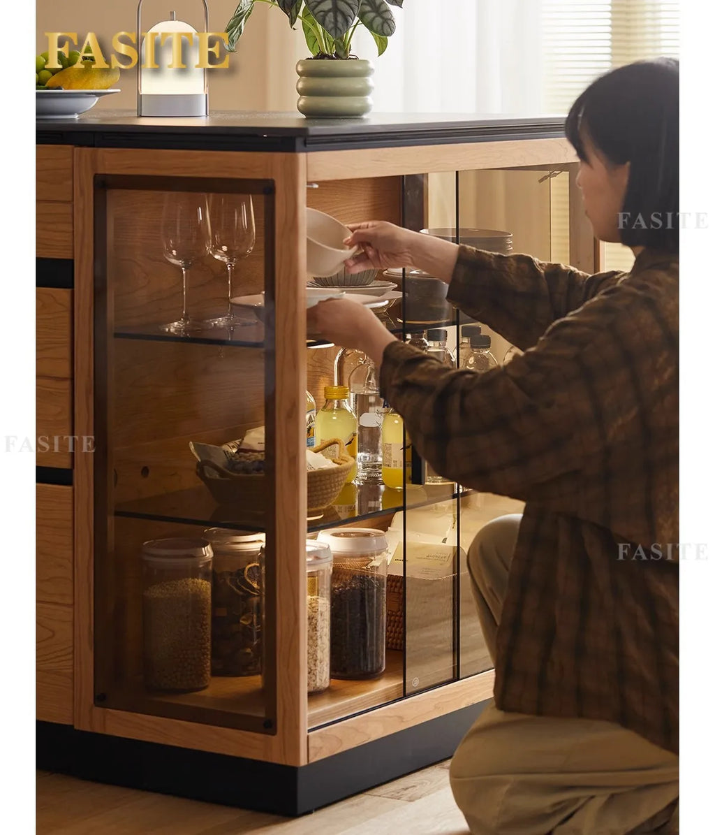 Solid wood island table retractable small apartment open integrated bar cabinet rock locker