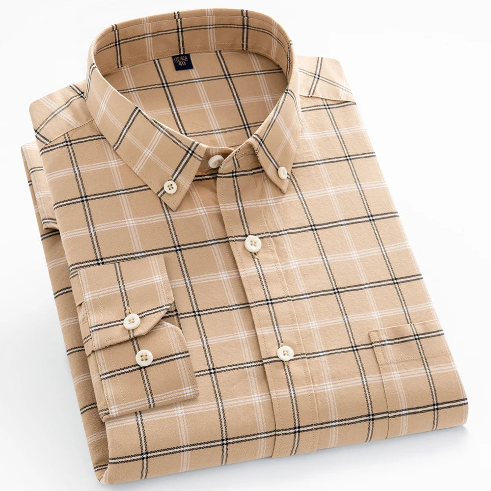 Men's 100% Cotton Breathable Oxford Fabric Dress Shirt, Plaid Striped Casual Long Sleeve, Button-Up with Collar and Chest Pocket