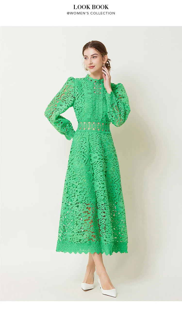 Solid Lace Holloe Out Slimming Elegant Dresses For Women Stand Collar Long Sleeve High Waist Minimalist Dress Female Fashion