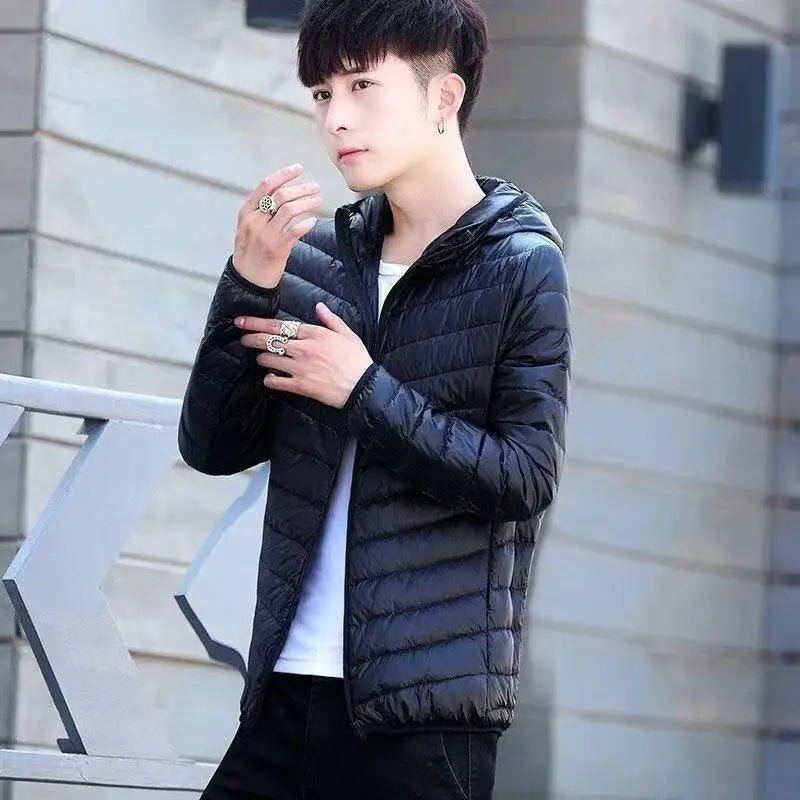 Down Cotton Coat Man 2025 Light Feathered Cotton Jacket Winter Slim Hooded Stand-Up Collar Solid Color Warm Clothing