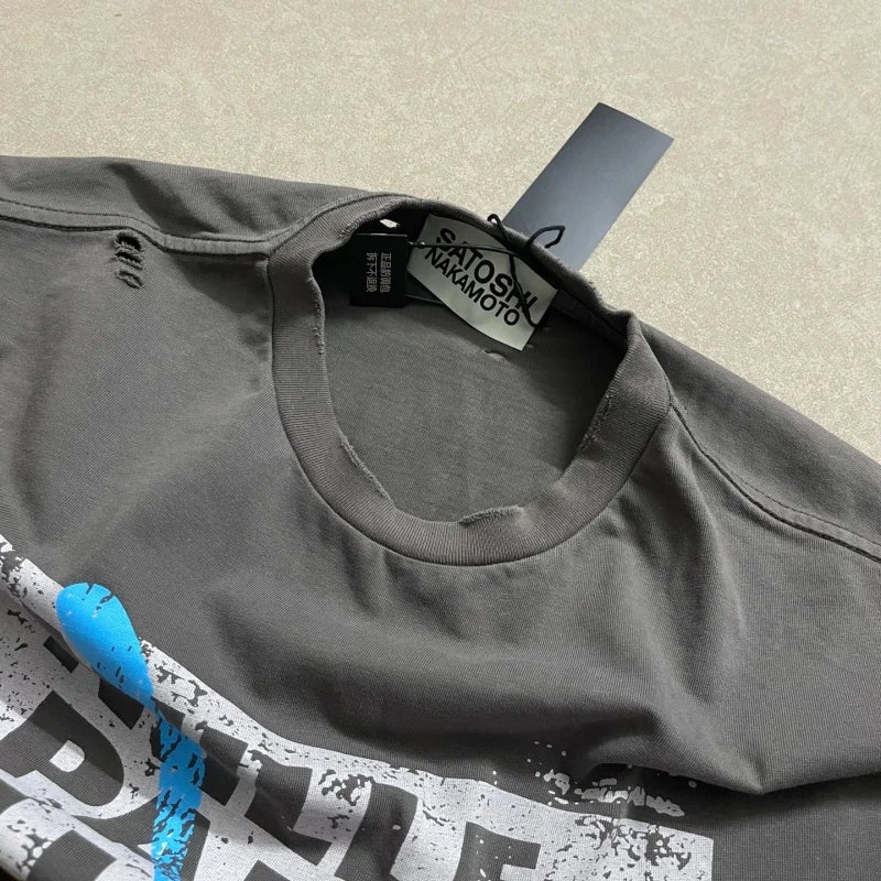 Men Satoshi Nakamoto Vintage Destroyed T-Shirt Oversized Cotton Streetwear Washed Tee