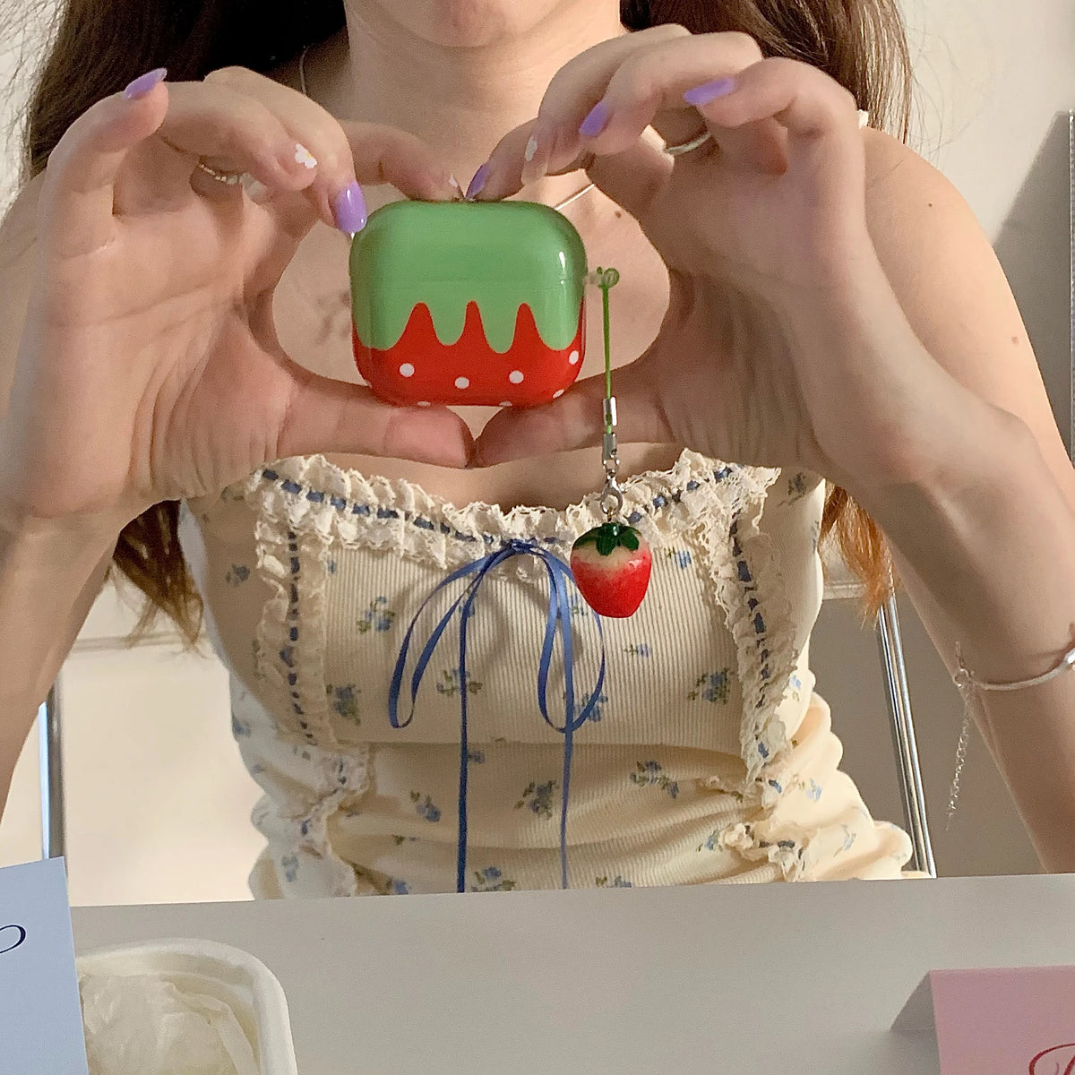 Cute Lovely White Polka Point Red Strawberry Glossy Earphones Cover Case for AirPods 1 2 3 4 5 Pro 2 Pro 3 with Charm Pendant