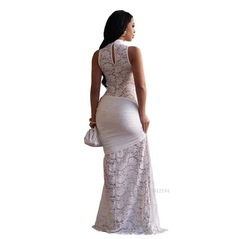 Sexy Women Lace Hollow Out Sleeveless Ruched High Split Maxi Long Dress 2026 Party Trendy Birthday Vacation Beach Dresses