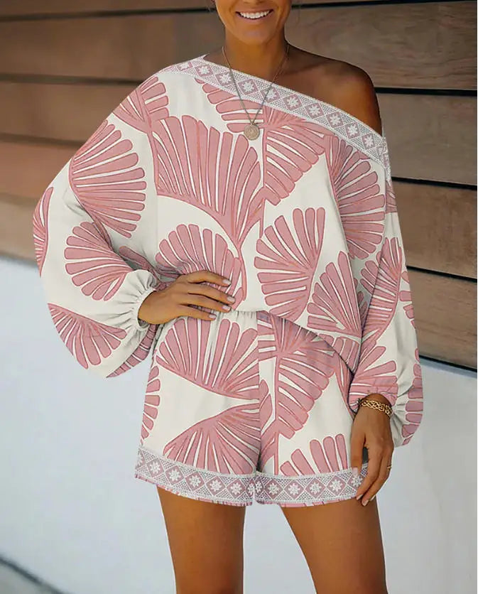 Two Piece Set Women Outfit 2026 Spring New Fashion Print Lantern Sleeve Slanted Collar Loose Top & Elastic Waist Shorts Set