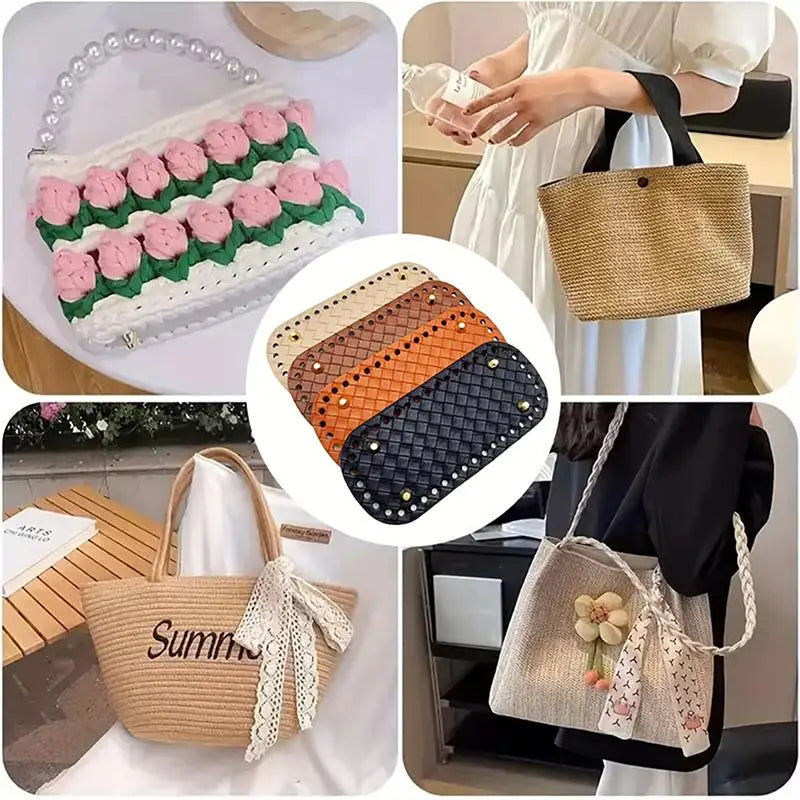 Handmade Leather Bag Bottom 18x8cm Woven Pattern DIY Accessories for Knitting Crochet Purse Making