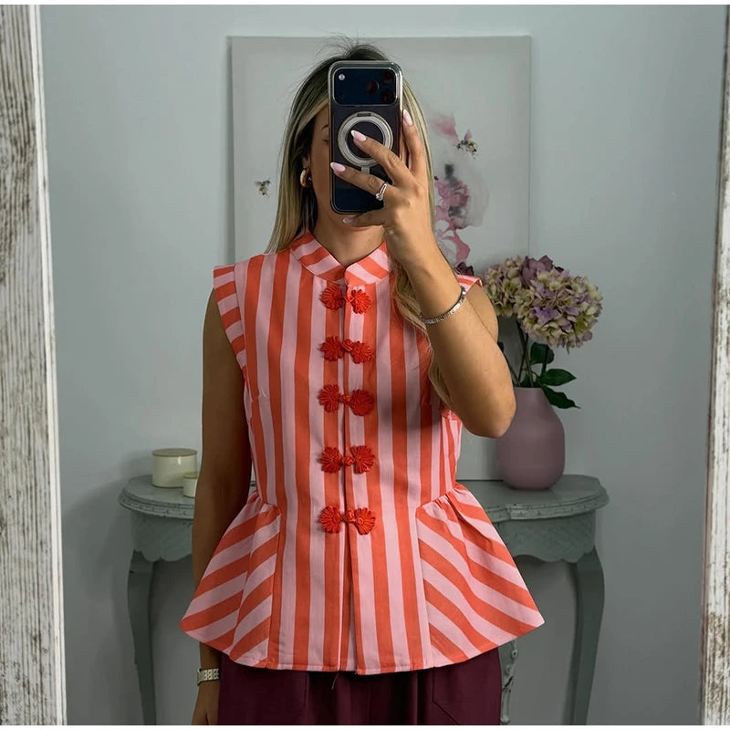 Striped Mandarin Collar Frog Button Ruffle Trim Top Striped Single‑breasted 2026 Summer Women Blouse Versatile Casual Lady Top