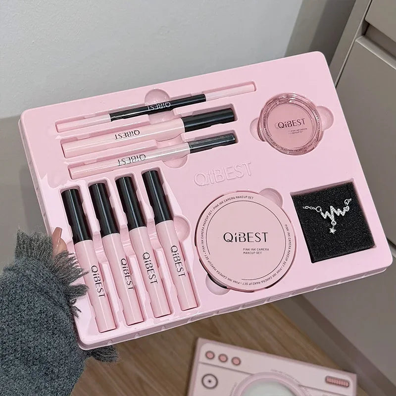 Multipurpose Makeup Set 4PC Liquid Lipstick,1 Pressed Powder,1 Face Blush,1 Eyeliner,1 Mascara,1 Eyebrow Pencil Korean Cosmetics