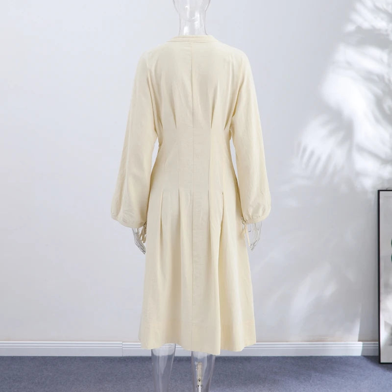 Casual Cotton Midi Dress Women O Neck Lace Up Lantern Sleeves Slim Waist A Line Robe Female 2026 Summer New Chic Solid Dresses