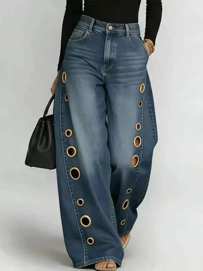 Summer 2026 New American Women Denim Pants Hollow Eyelet Wide Leg Loose Y2K Korean Vintage Streetwear Full Length Jeans