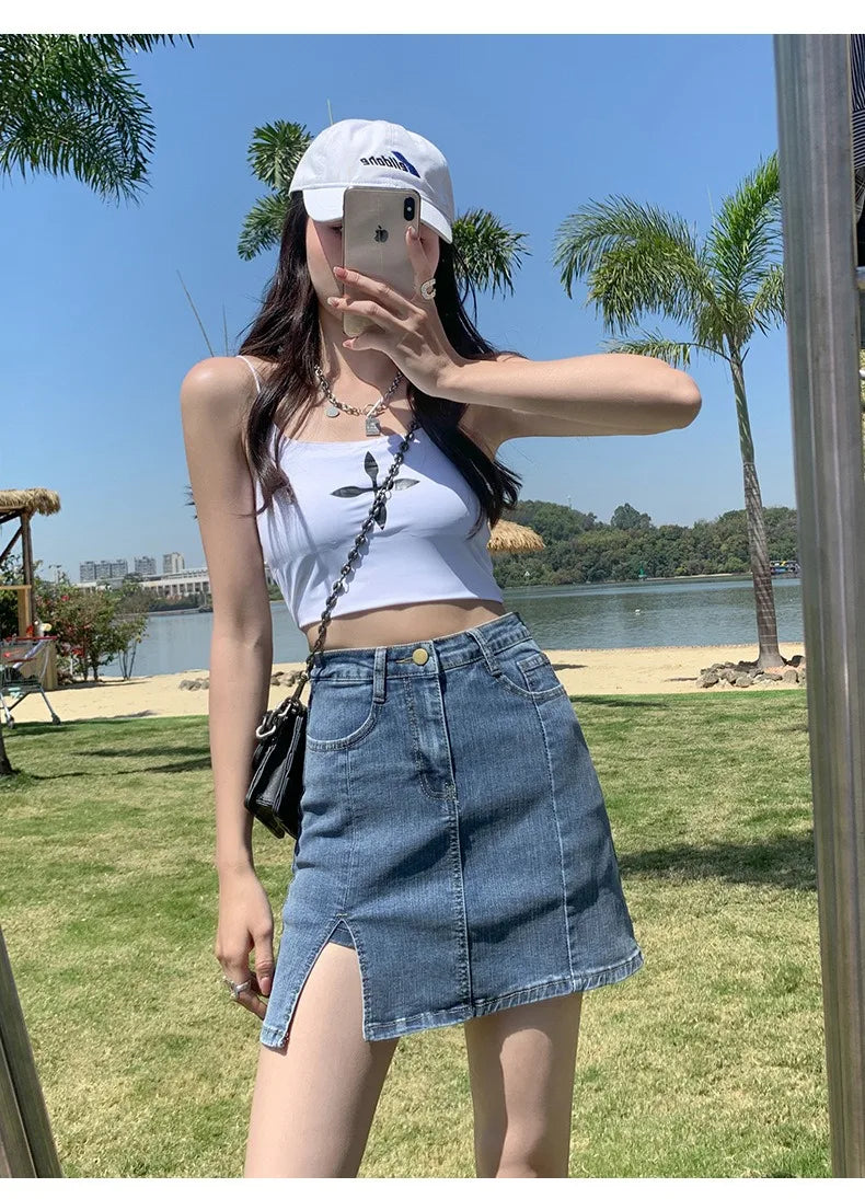 Denim Short Skirt Women's New Summer High Waist Split Half Body Retro Wrapped Hip Skirt  A-line Pant Skirt