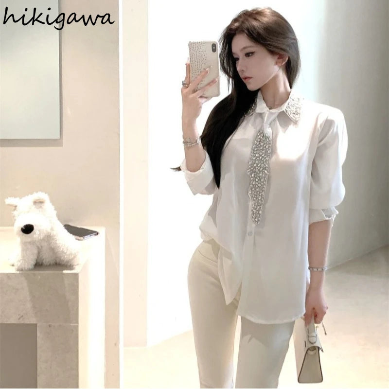Oversized Tops White Blouses Women's Clothing Loose Diamond Temperament Shirts Korean Summer Blouse 2026 Blusas Mujer De Moda