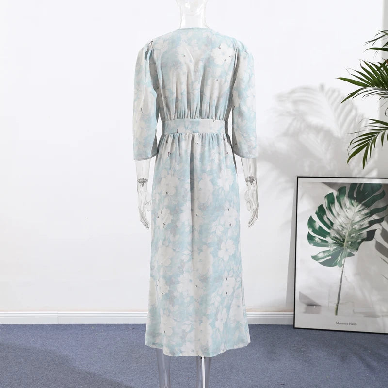 Fashion Printed Deep V Neck Women Slim Dresses Chic Long Sleeve High Waist Dress Summer New Beach Party Lady High Split Vestidos