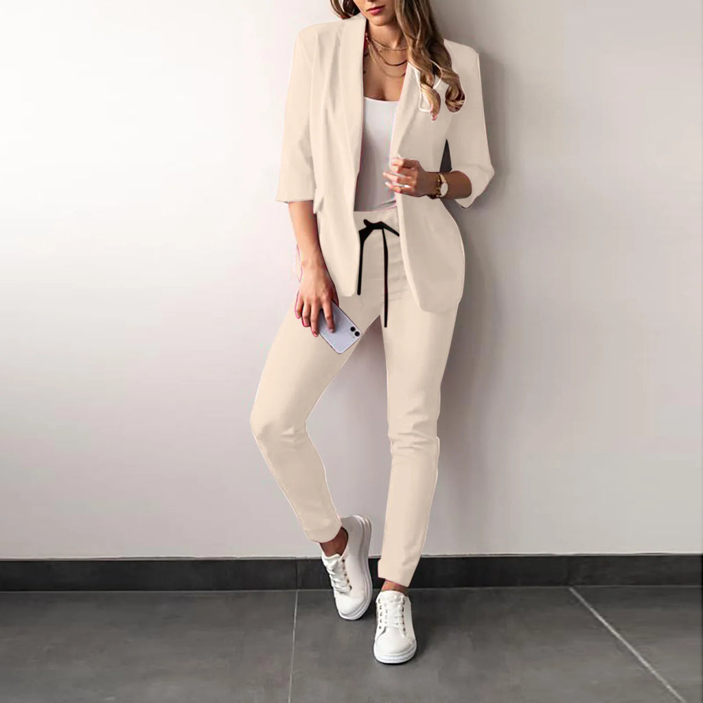 2024 Women's Two Piece Pant Suit Set Outfits Spring Autumn Turn Down Print Blazer Coat Drawstring Pants Suit Women Casual Sets