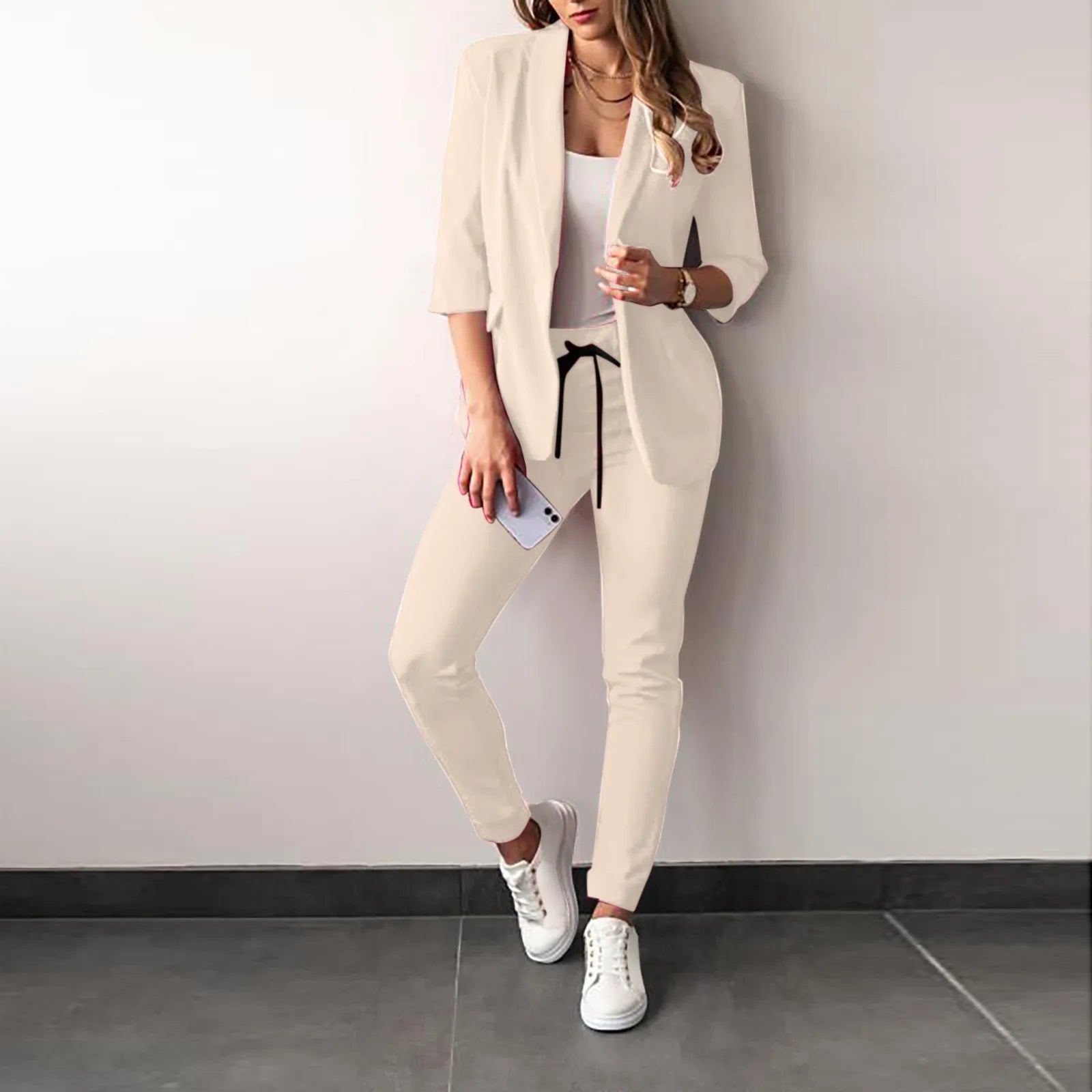2024 Women's Two Piece Pant Suit Set Outfits Spring Autumn Turn Down Print Blazer Coat Drawstring Pants Suit Women Casual Sets