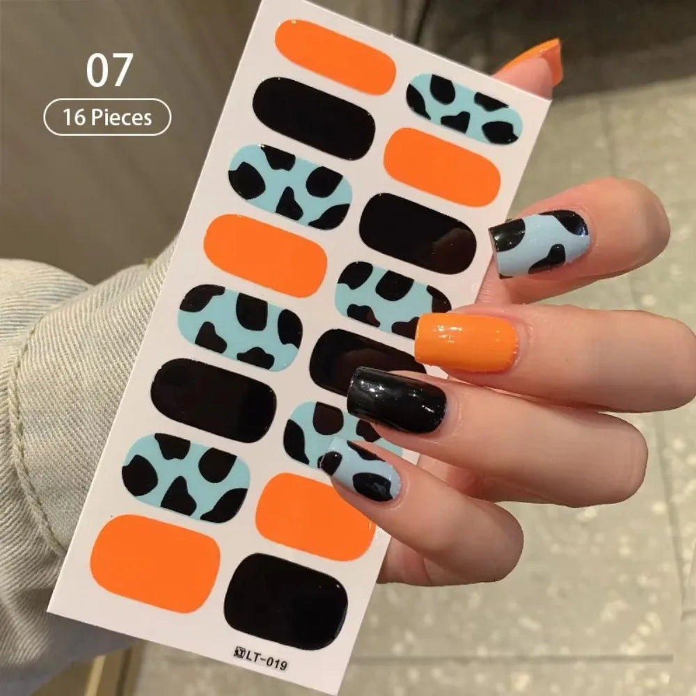 32 Strips Autumn Nail Stickers Semi Cured Full Cover Gel Nail Polish Strips Manicure Leopard Print Nail Patch