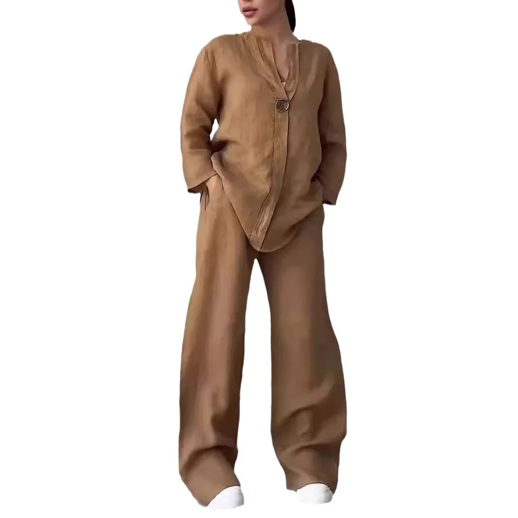 Women's 2 Piece Cotton Linen Lounge Set Button Down Shirt and Wide Leg Pants Casual Loose Fit Matching Outfit Solid Color Co-ord