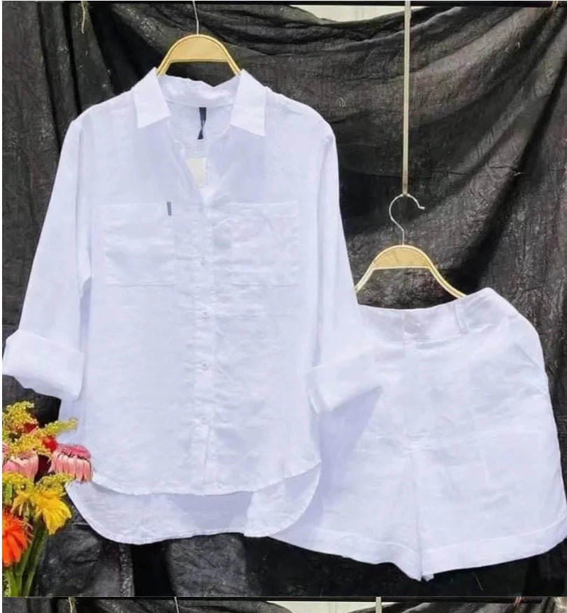Summer Cotton Linen Casual Home 2 Piece Set For Women  Fashion White Long Sleeve Shirt And Shorts Two Piece Sets Tracksuit