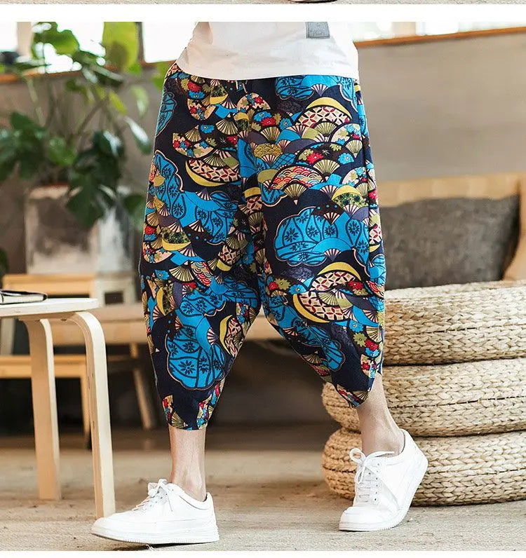 Men's Casual Cotton Linen Seven-Foot Pants Summer plus Size Lantern Loose Fit Shorts Harlan Style Comfortable Breathable Leis...