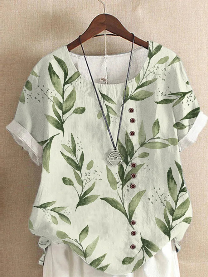 2025 Summer retro fashion printed loose casual shirt top, suitable for casual or vacation ladies' beachwear