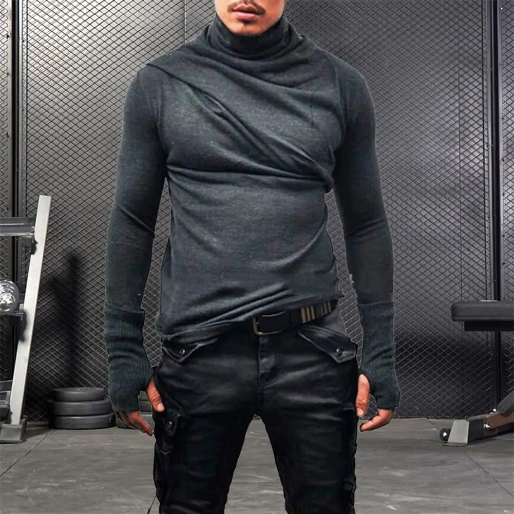 Spring Autumn Men Top Slim Fit Casual Men Pleated Collar Shirt Stretchy Long Sleeves Pullover Sweatshirt for Sports Street Wear