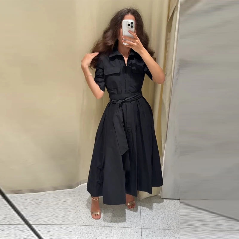 Elegant Belt Women Long Black Dress Full Sleeve Pleated Lapel Waist-Closed Female  A Line Dresses 2026 Spring Lady Robes New