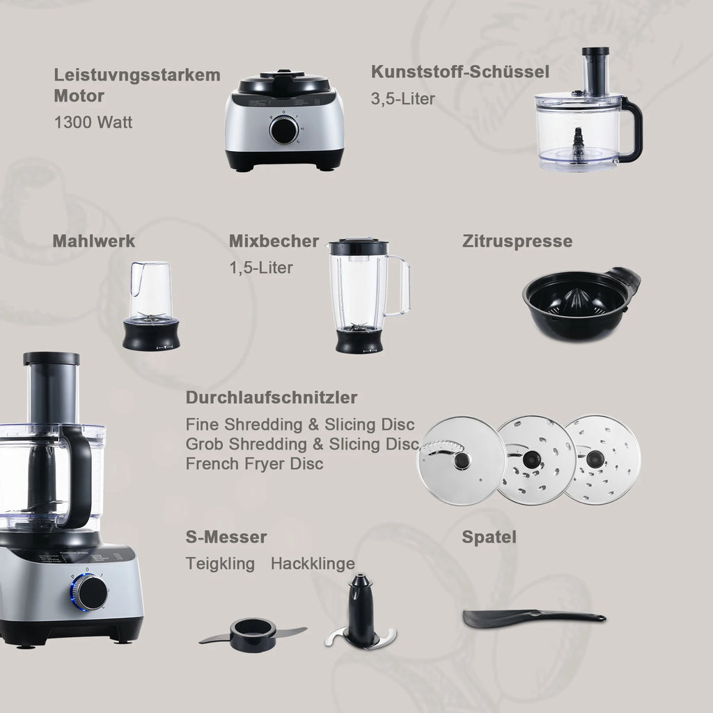 1300W Commercial-Grade Food Processor | 3.5L Dough Kneader 1.5L Citrus Juicer 11-Piece Pro Kit for Chopping/Grinding/Blending