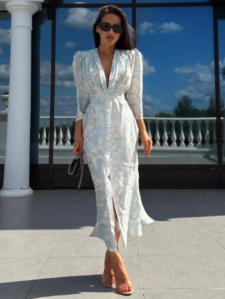 Women Floral Print Short Sleeve Maxi Dress Fashion V-neck Ruffle Trim Belted Slit Hem Dresses Casual Lady Daily Vacation Gowns