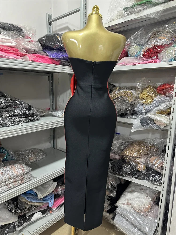 Women Sexy Strapless Off the Shoulder Bow Bodycon Bandage Long Dress Celebrate Fashion Nightclub Party Birthday Outfit